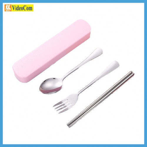 MEC 1010-PK 便擄餐具套裝連收納盒 (粉色) (勺 + 叉 + 筷子) (銀色) 3件套 9841010-PK-J19