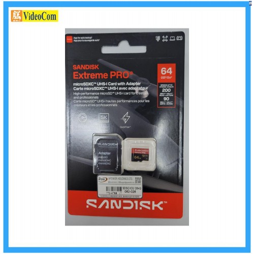 SANDISK 64GB Micro SDXC Extreme Pro V30 UHS-I U3 A2 5K 200MB/s R, 90MB/s W (with adapter) (SDSQXCU-064G-GS6MA) LT Red+Black 772-4788-P SANDISK 64GB Micro SDXC Extreme Pro V30 UHS-I U3 A2 5K 200MB/s R, 90MB/s W (with adapter) (SDSQXCU-064G-GS6MA) LT Red+Black 772-4788-P