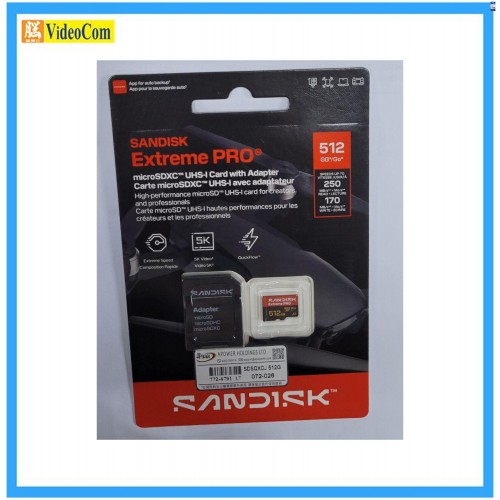 SANDISK 512GB Micro SDXC Extreme Pro V30 UHS-I U3 A2 5K 250MB/s R, 170MB/s W (with adapter) (SDSQXCJ-512G-GS6MA) LT 772-4791, Red+Black 772-4791-P SANDISK 512GB Micro SDXC Extreme Pro V30 UHS-I U3 A2 5K 250MB/s R, 170MB/s W (with adapter) (SDSQXCJ-512G-GS6MA) LT 772-4791, Red+Black 772-4791-P