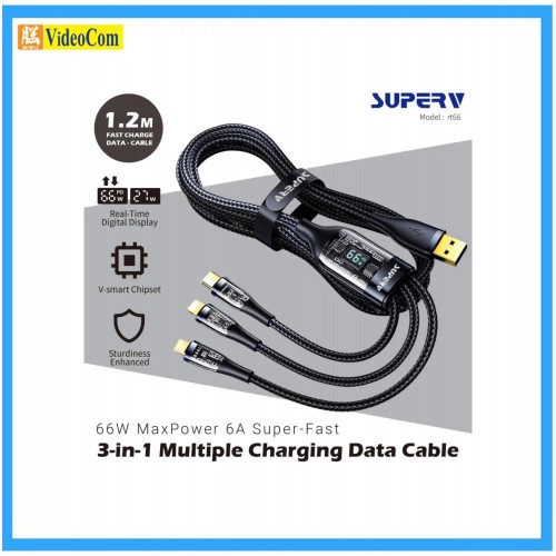 SuperV  RT66 BLACK  USB 3 in 1 120CM (1.2M) (BLACK) 66W LED 充電速度顯示 [Micro,Type-C, Lightning] 充電線 