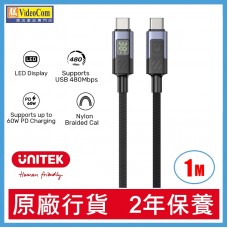 UNITEK C14158ABK  60W USB-C充電線連LED數據顯示屏 1米 4894160058898