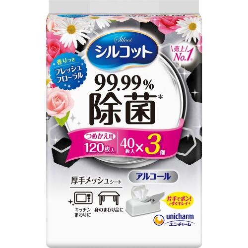 [只限店取] Unicharm Silcot 尤妮佳 藥用消毒濕紙巾補充裝 (40抽入 x 3包裝) - 清新花香 162-0845
